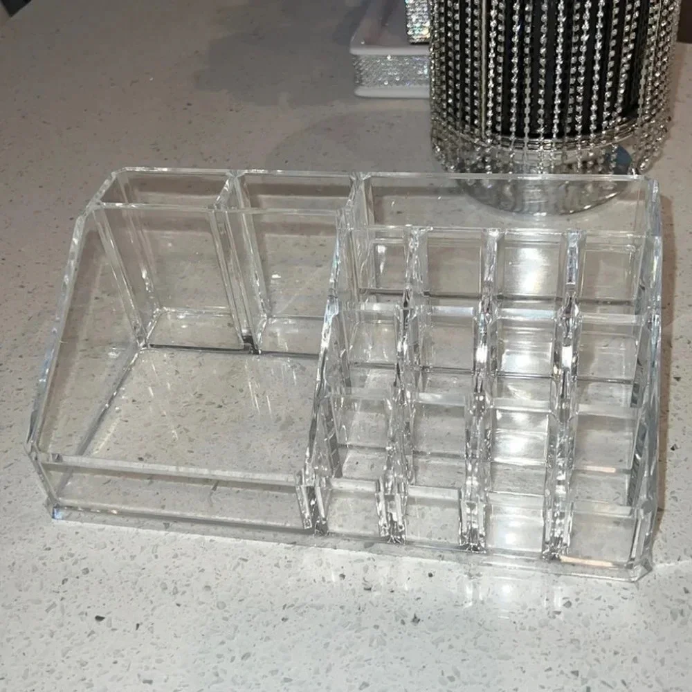 Makeup organizer acrylic clear hard cosmetic skincare organization desk tray